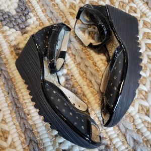 Fly London Yumo Peep Toe Wedge Sandal Perforated Laser Cut Black 38